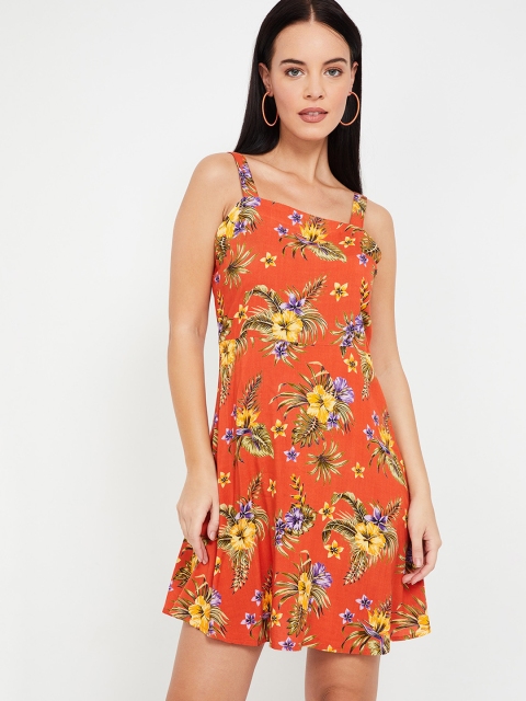 

Ginger by Lifestyle Women Orange Printed Fit and Flare Dress