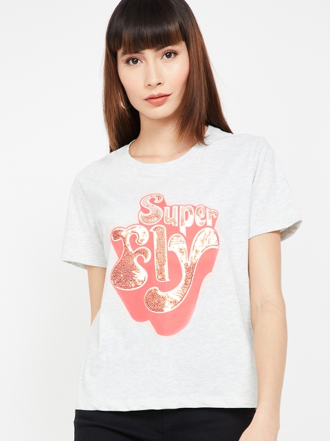 

Ginger by Lifestyle Women Grey Melange Printed Round Neck T-shirt