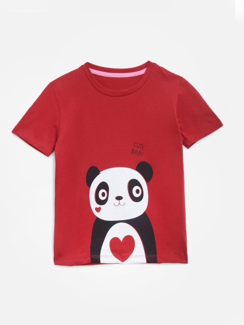 

KIDSCRAFT Girls Maroon & White Panda Printed Round Neck T-shirt