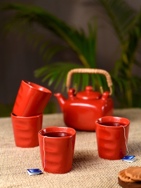 

Unravel India Set Of 5 Red Solid Stoneware Kettle Tea-Pot With Mugs