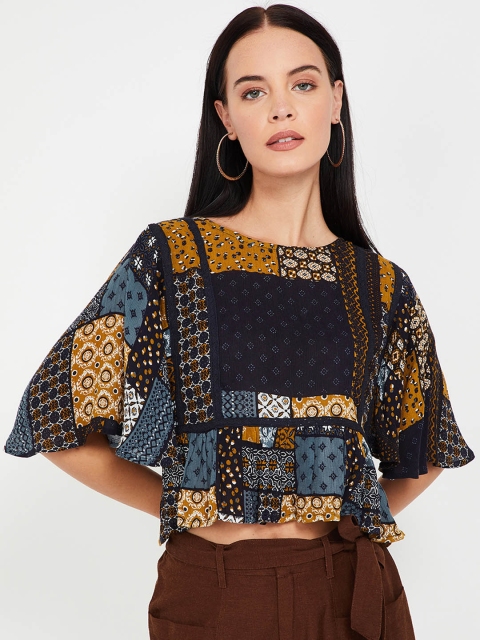 

Ginger by Lifestyle Women Mustard Yellow & Blue Printed A-Line Top