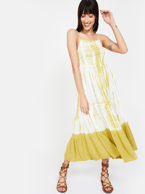 

Ginger by Lifestyle Women Mustard Yellow & White Dyed Fit and Flare Dress
