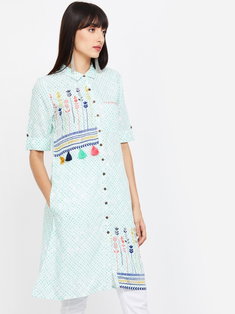 

Colour Me by Melange Women Turquoise Blue Tasselled Printed Tunic