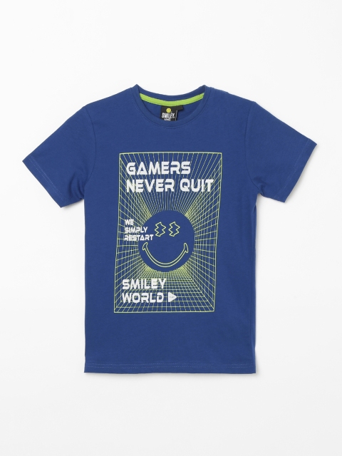 

Smiley World Boys Blue Printed Round Neck T-shirt