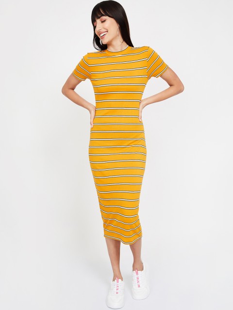 

Ginger by Lifestyle Women Mustard Striped T-shirt Dress
