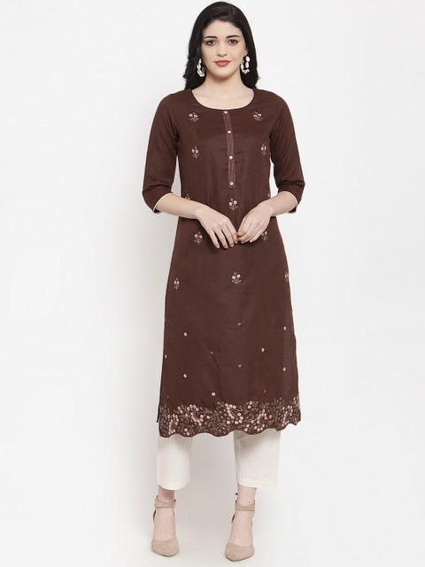 

ANAISA Women Coffee Brown Embroidered Straight Kurta