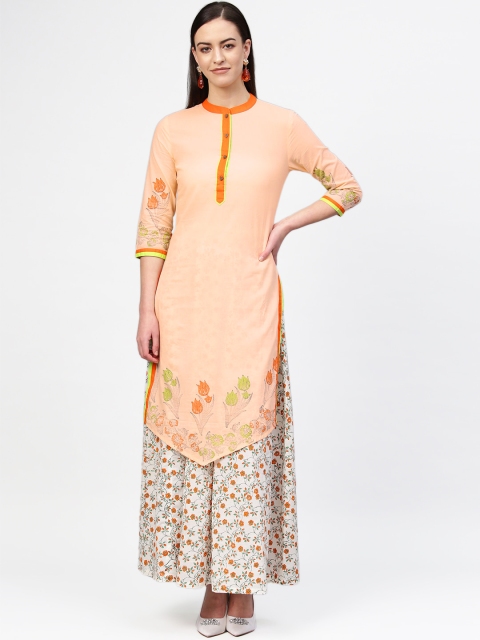 

Tulsattva Women Peach-Coloured Printed Straight Kurta