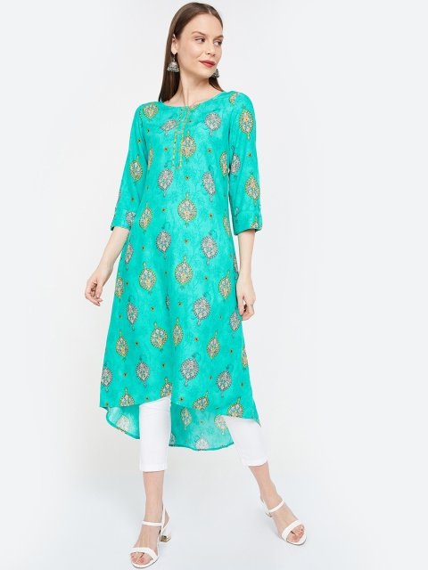 

Melange by Lifestyle Women Turquoise Blue & Off-White Printed A-Line Kurta