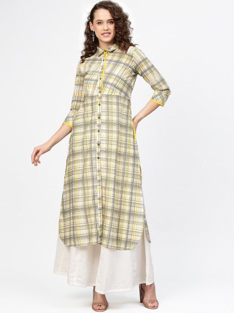 

Tulsattva Women Off-White & Yellow Checked Straight Kurta
