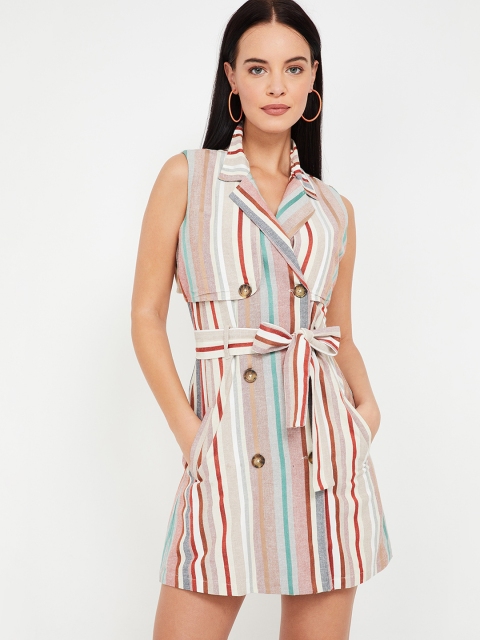

Ginger by Lifestyle Women Beige Striped Cotton Blazer Dress