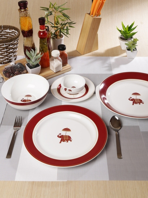 CLAY CRAFT White & Maroon Printed Fine Quality Ceramic 27-Piece Dinner Set
