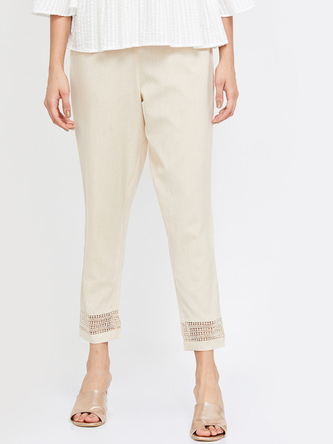 

Melange by Lifestyle Women Cream-Coloured Regular Fit Self Design Cigarette Trousers