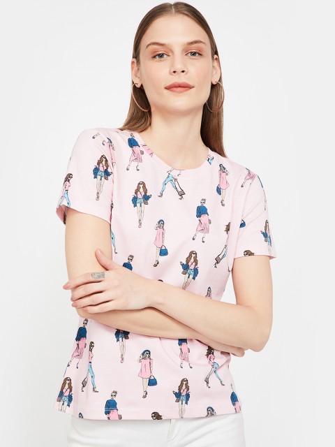 

Ginger by Lifestyle Women Baby Pink Printed Round Neck T-shirt