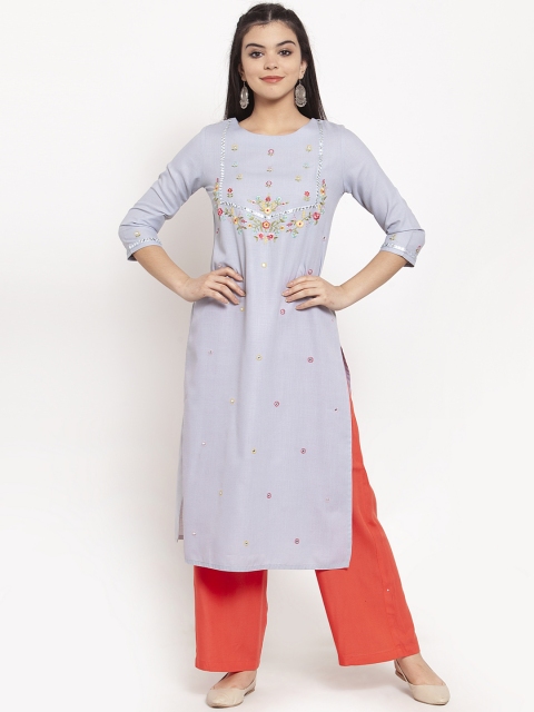 

ANAISA Women Blue Embroidered Straight Kurta