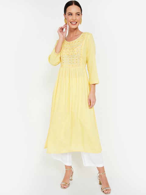 

Melange by Lifestyle Women Yellow & Silver-Toned Embroidered A-Line Kurta