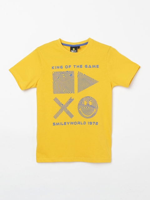 

Smiley World Boys Yellow Printed Round Neck T-shirt
