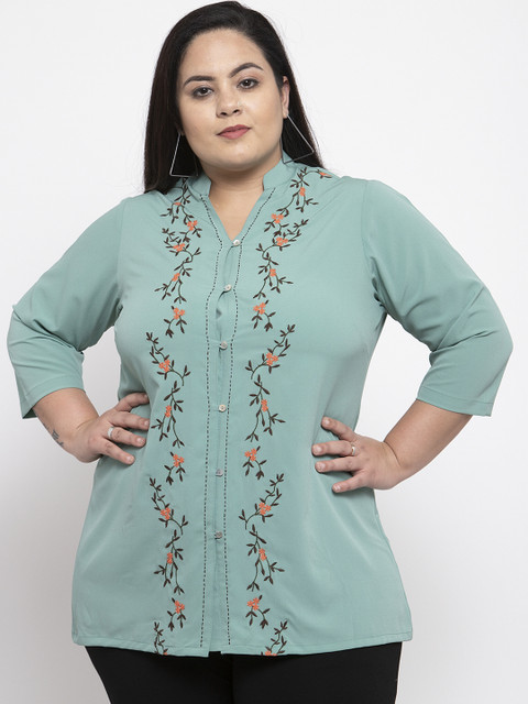 

plusS Women Sea Green Embroidered Shirt Style Top