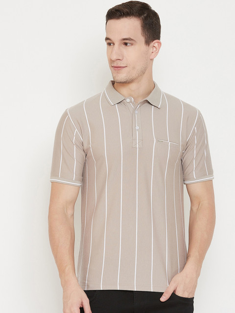 

Okane Men Beige & White Striped Polo Collar T-shirt