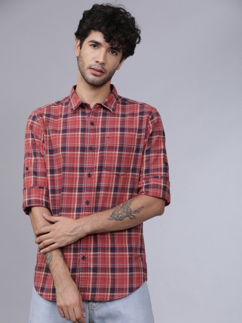 

Ecko Unltd Men Rust Red & Navy Blue Slim Fit Yarn Dyed Checked Casual Shirt