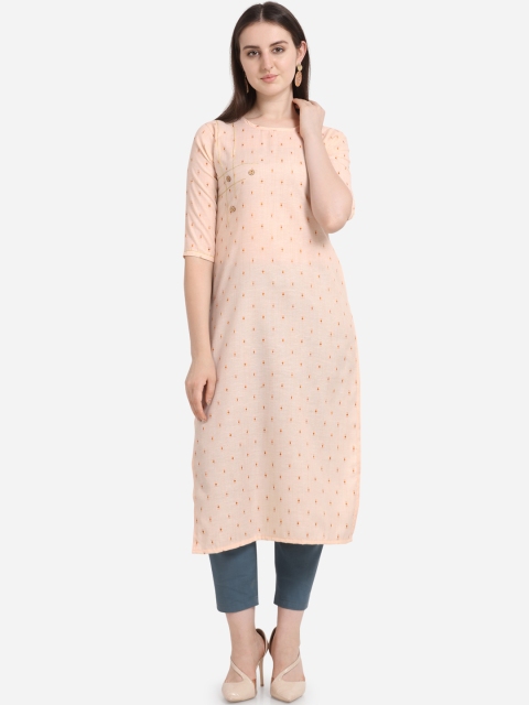 

Kvsfab Women Peach-Coloured & Orange Woven Design Straight Kurta