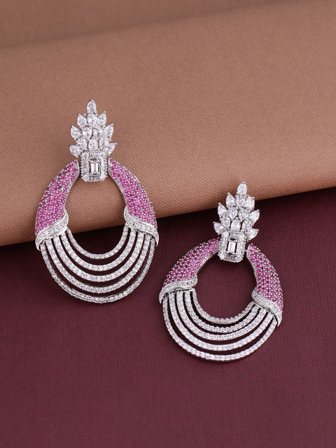 

Shoshaa Silver-Plated & Pink Cubic Zirconia Studded Geometric Drop Earrings