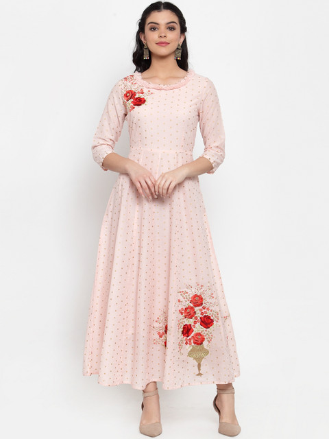 

ANAISA Women Pink Floral Embroidered Fit and Flare Dress