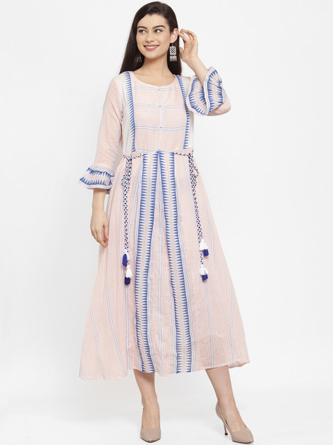 

ANAISA Women Peach-Coloured & White Printed Fit and Flare Dress
