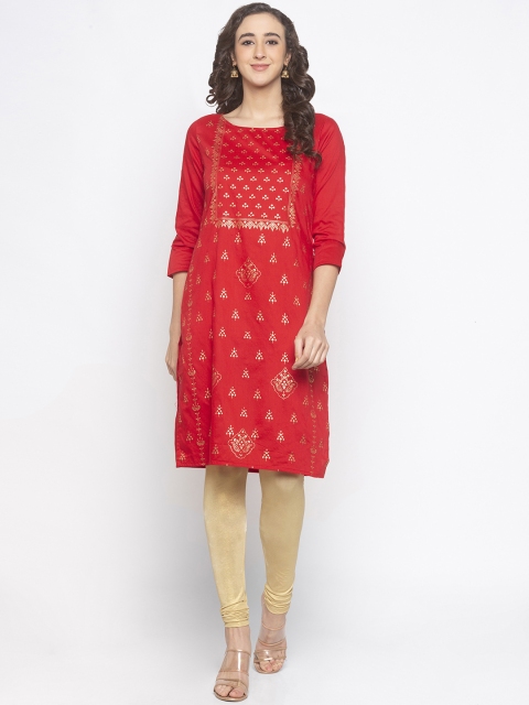 

Globus Women Coral Red & Gold-Coloured Printed Straight Kurta