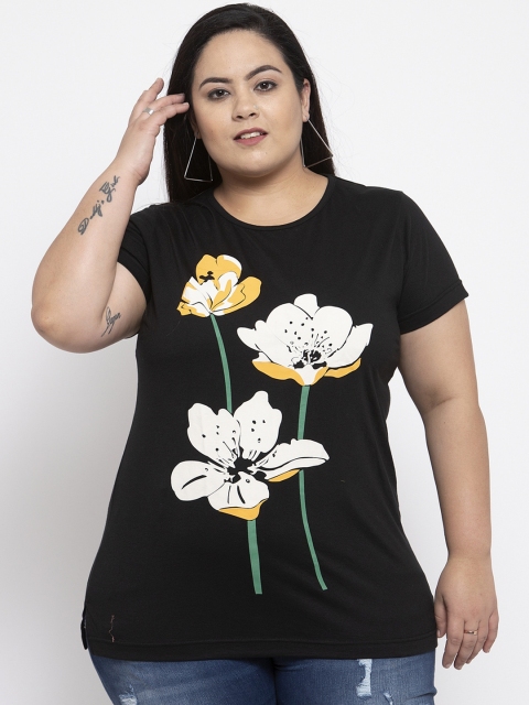 

plusS Women Black Floral Printed Round Neck T-shirt