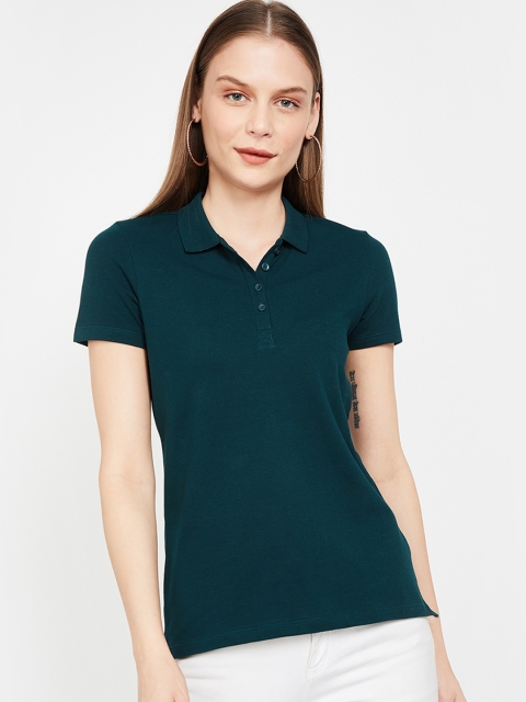 

Bossini Women Bottle Green Solid Polo Collar T-shirt