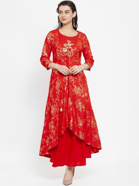 

ANAISA Women Red & Gold-Coloured Printed Maxi Layered Dress