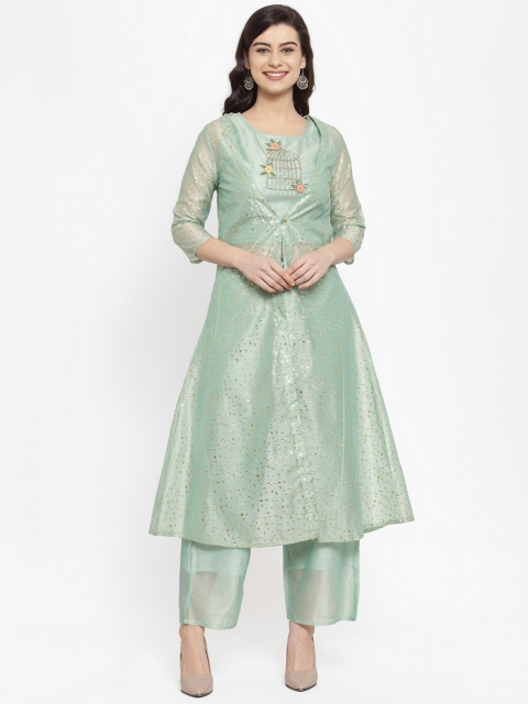 

ANAISA Women Mint Green Embellished Top with Trousers & Longline Jacket