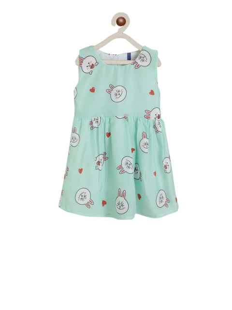 YK Girls Green & White Bunny Printed Fit and Flare Dress