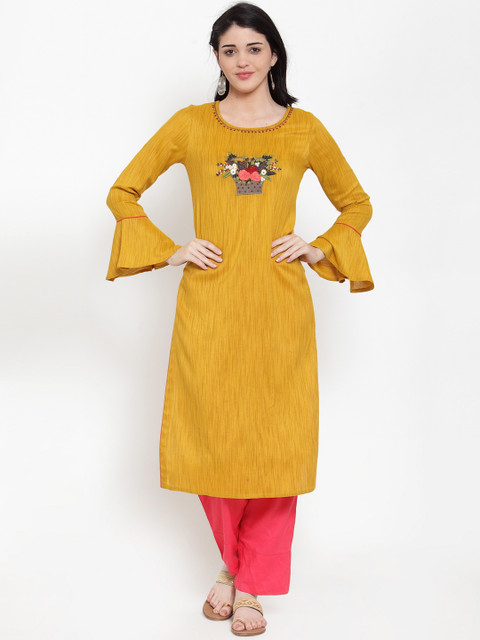 

ANAISA Women Mustard Yellow Embroidered Straight Kurta