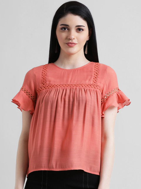 

Zink London Women Peach Self Design A-Line Top
