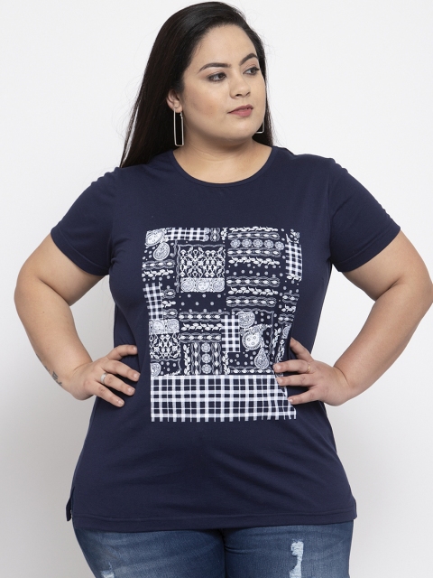

plusS Women Navy Blue Printed Round Neck T-shirt