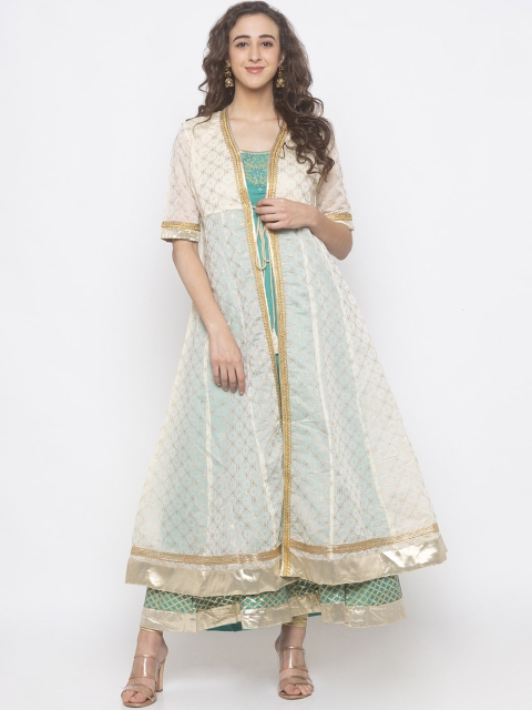 

Globus Women Off-White & Green Printed A-Line Layered Kurta