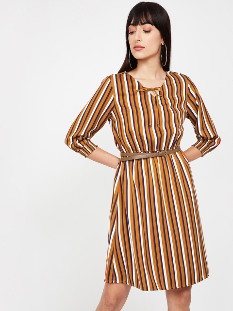 

Bossini Women Mustard Yellow & White Striped Fit and Flare Dress