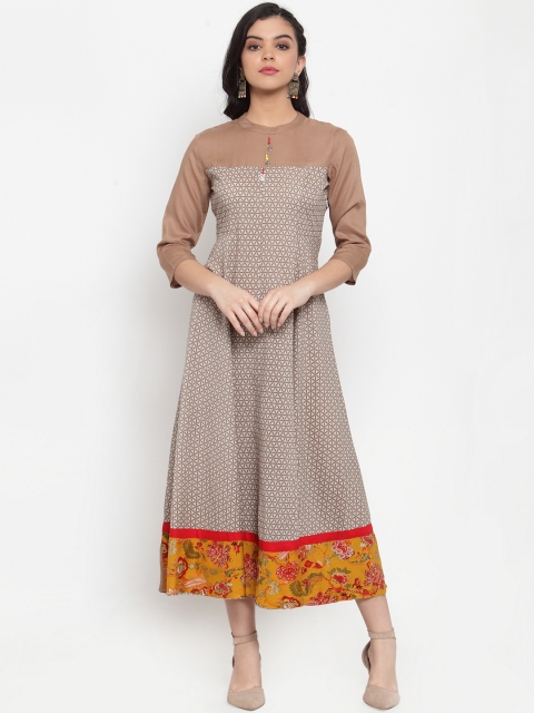 

ANAISA Women Beige Printed Fit and Flare Dress
