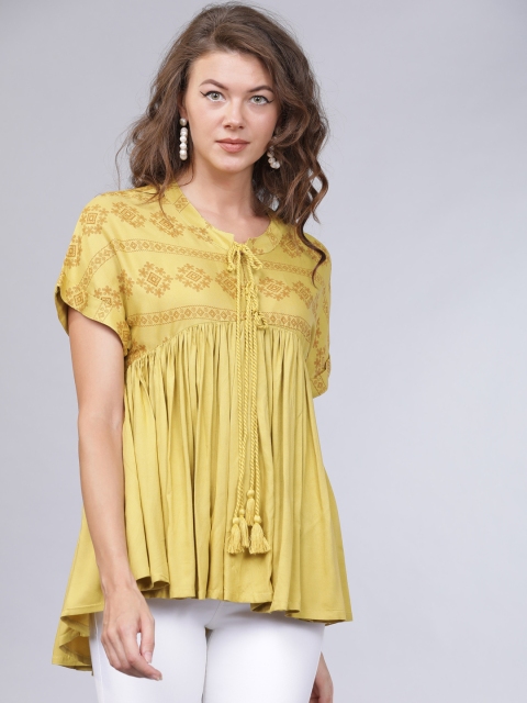 

Mumbai Slang Chic Women Yellow Printed High-Low Top