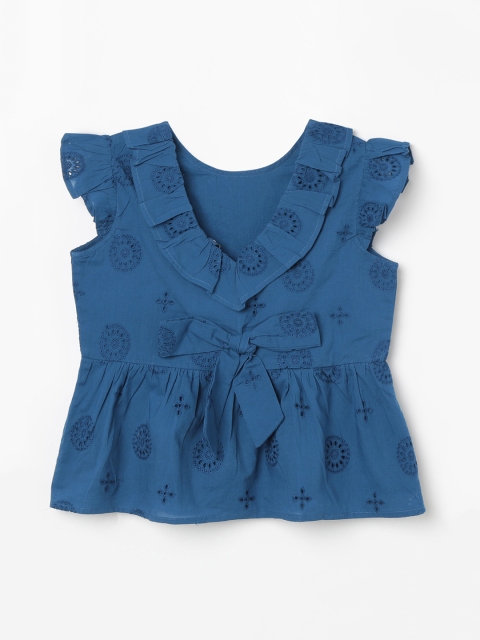 

Fame Forever by Lifestyle Girls Blue Schiffli Self Design Peplum Pure Cotton Top