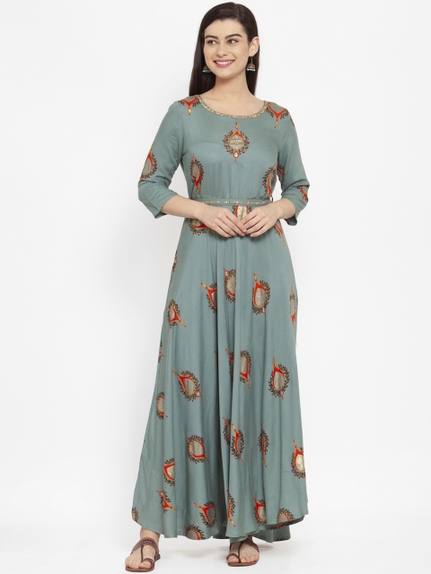 

ANAISA Women Grey Melange Embroidered Maxi Dress With Embroidered Belt