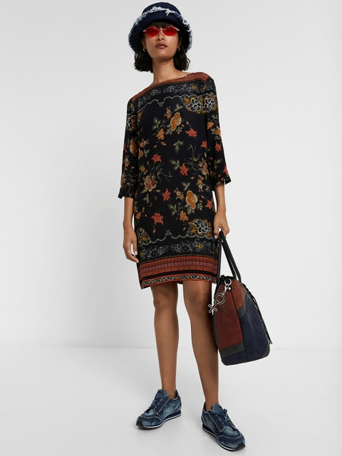 

Desigual Women Black & Brown Floral Printed A-Line Dress