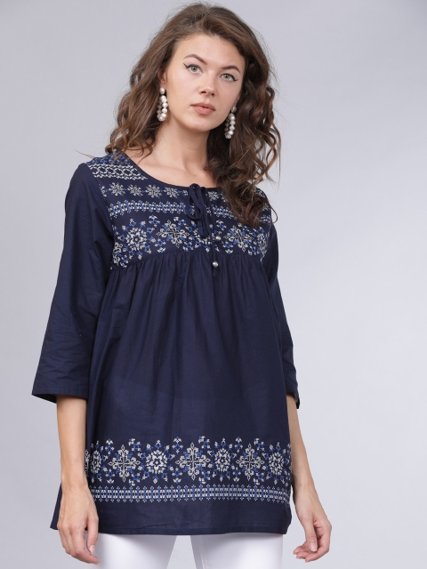 

Mumbai Slang Chic Women Navy Blue & White Printed A-Line Pure Cotton Top