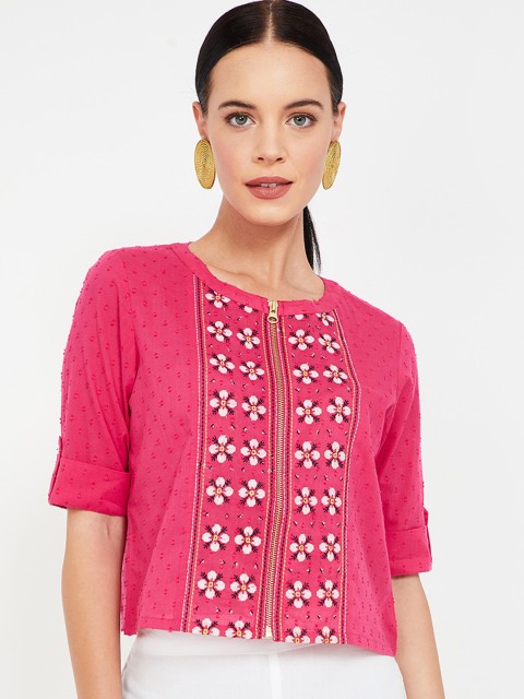 

Colour Me by Melange Women Pink & White Embroidered Boxy Top