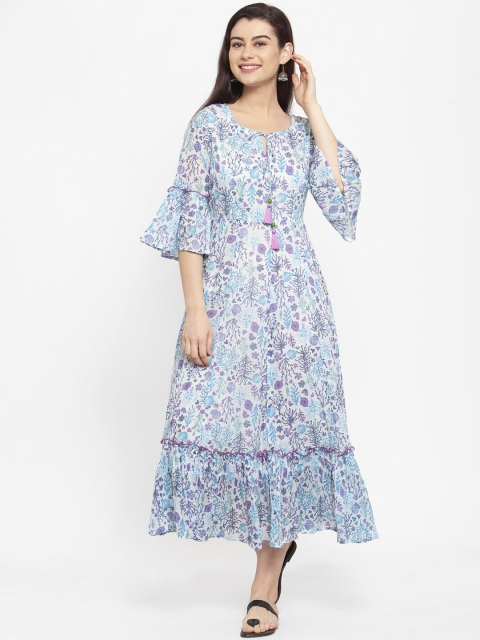 

ANAISA Women White & Purple Floral Printed Fit and Flare Dress
