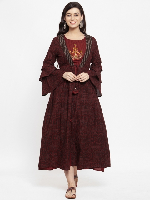 

ANAISA Women Maroon & Black Printed Fit and Flare Dress