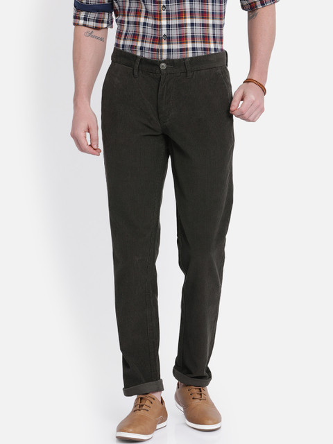 

t-base Men Olive Green Slim Fit Self Design Corduroy Regular Trousers