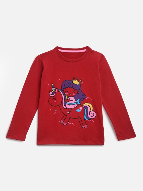 

KIDSCRAFT Girls Maroon & Pink Printed Round Neck T-shirt