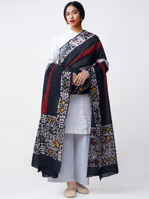 Unnati Silks Black Hand Batik Pure Soft Mulmul Cotton Sustainable Dupatta